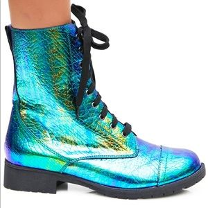 Iridescent holographic mermaid combat biker boots